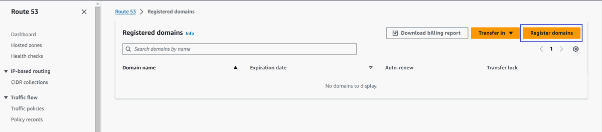 picture of Route 53 Registered Domains view, with the Register Domain Button highlighted